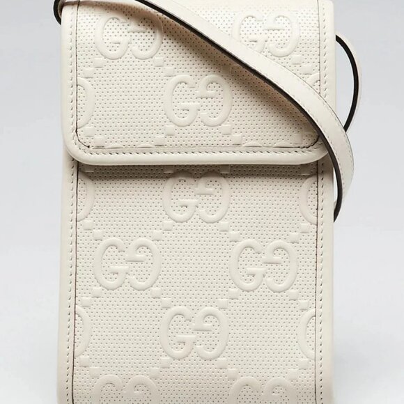 Gucci White GG Embossed Perforated Leather Crossbody Flap Bag - Picture 1 of 9